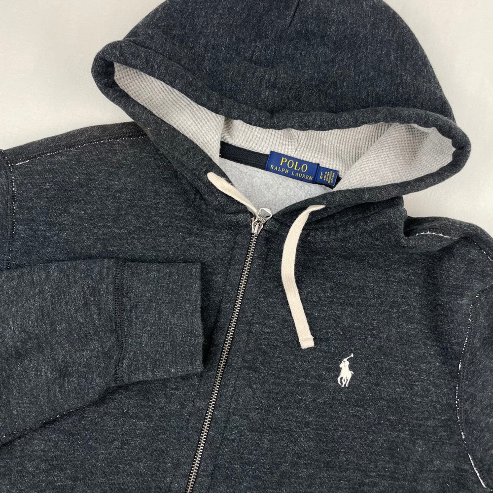 Polo Ralph Lauren Mens Large Charcoal Grey Full Zip Fleece Hoodie Waffle Lined